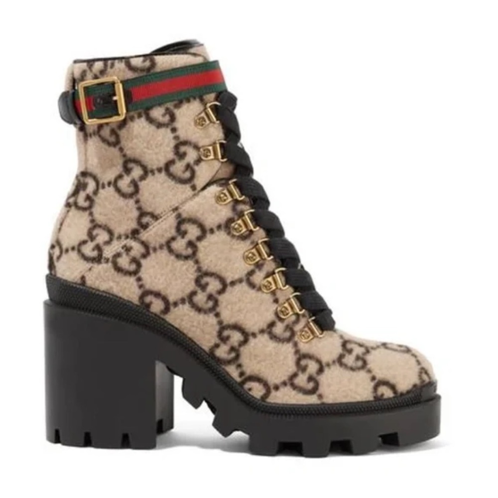 Gucci Cream and Black Lace Up Boots with Chunky Heel
